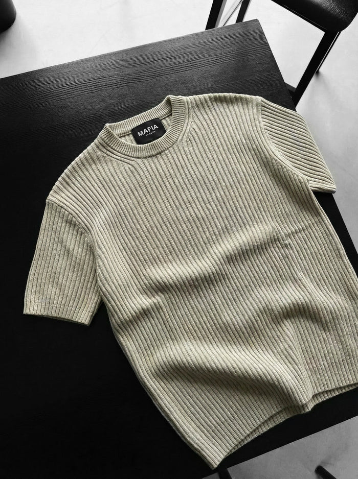 Slim Fit Tvättad Tunn Linjer Stickad T-shirt - Sten