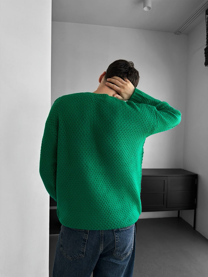 Regular Fit Textured Torn Sweater - Grön