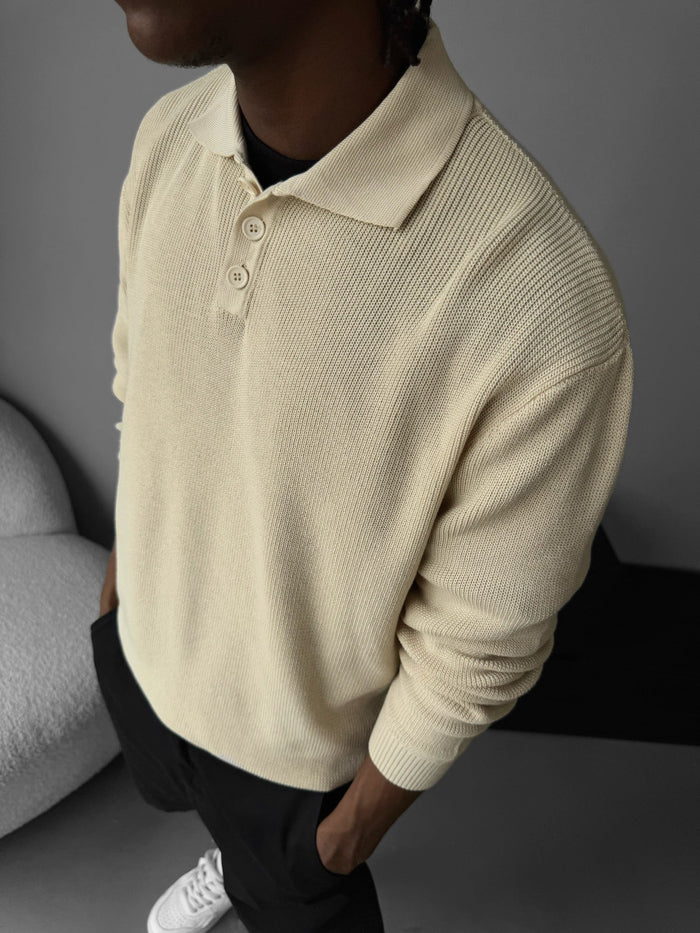 Lös Passform Stickad Polo Tröja - Beige