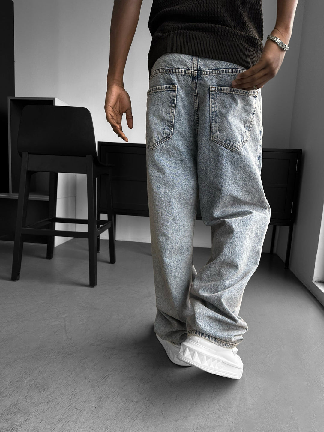 Relax Baggy Tvättade Jeans - Mörkblå