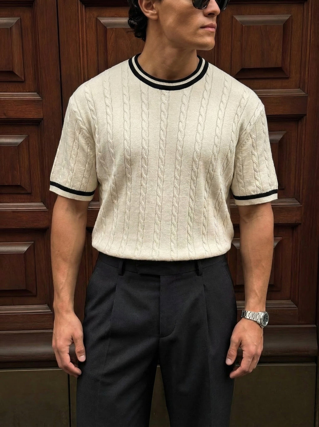 Regular Fit Braid Knit T-shirt - Grädde