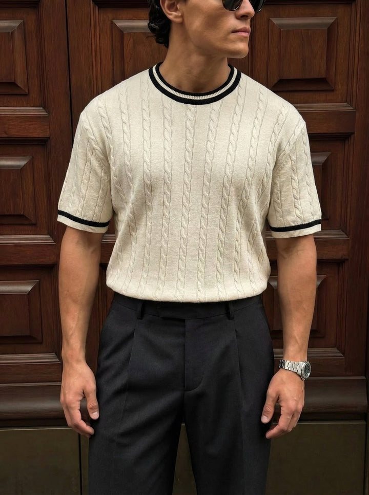 Regular Fit Braid Knit T-shirt - Grädde