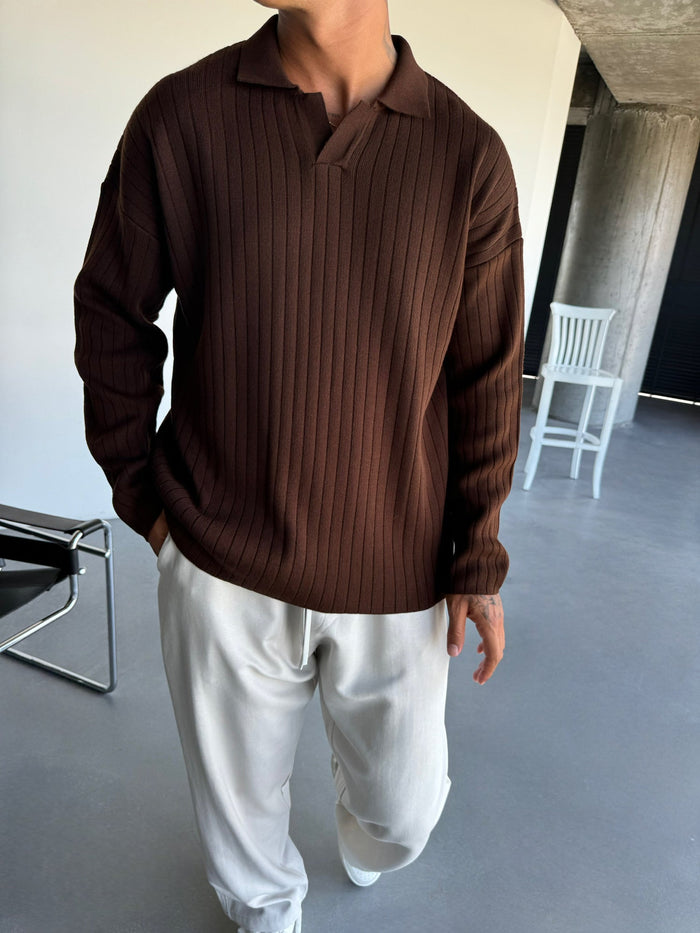 Oversize Bred Ribbade Långärmad Stickad Polo Sweatshirt - Mörkbrun