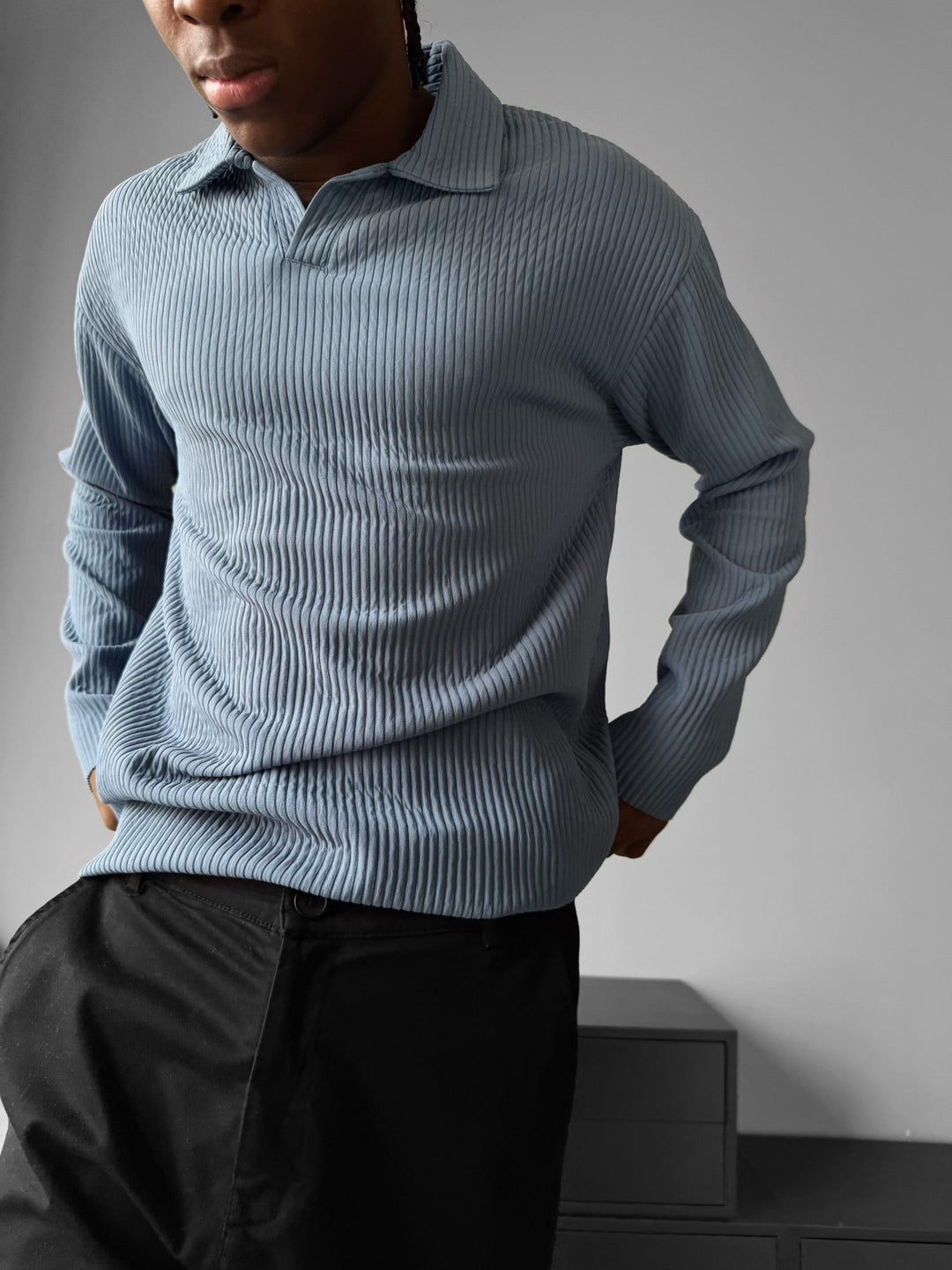 Oversize Ribbad Långärmad Polo T-shirt - Coronet Blå