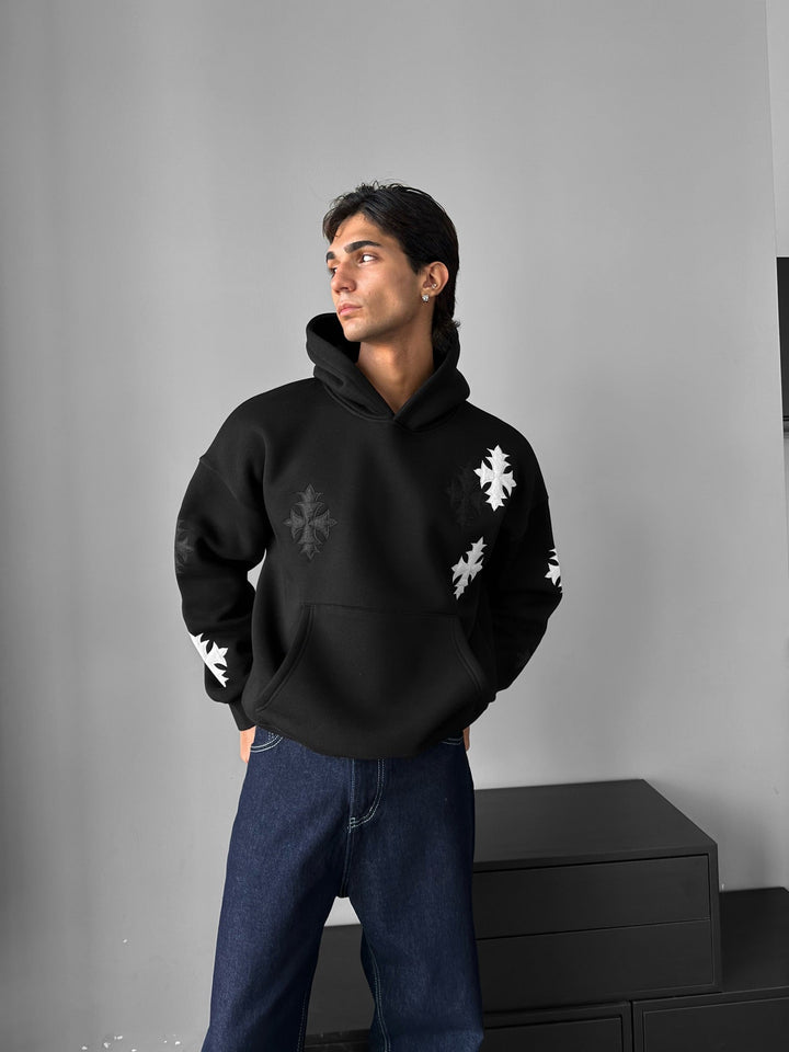 Oversized Gotisk Kors Hoodie - Svart