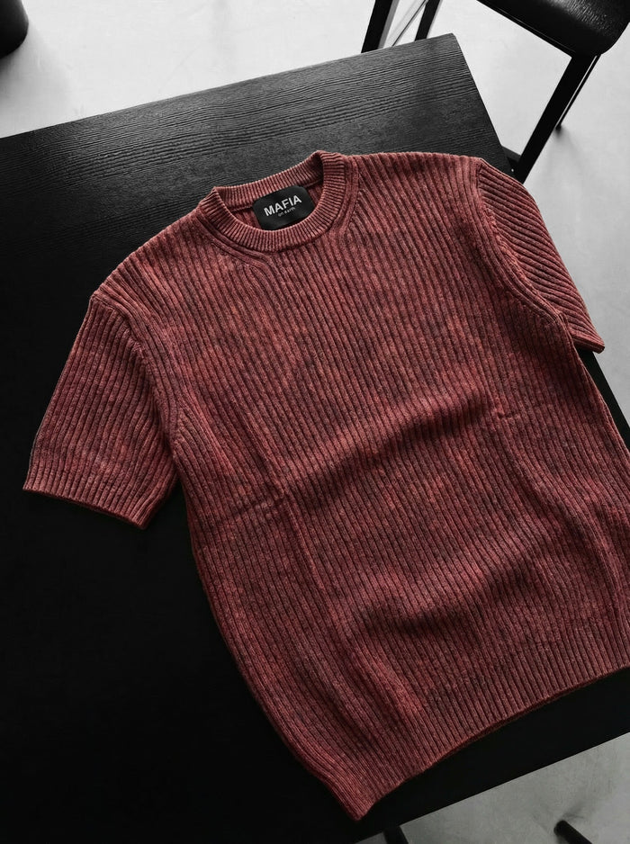 Slim Fit Tvättad Tunn Linjer Stickad T-Shirt - Bordeaux