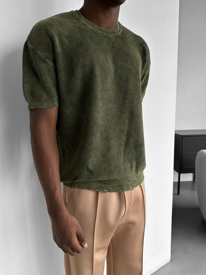 Oversize Stickad Torn T-shirt - Khaki