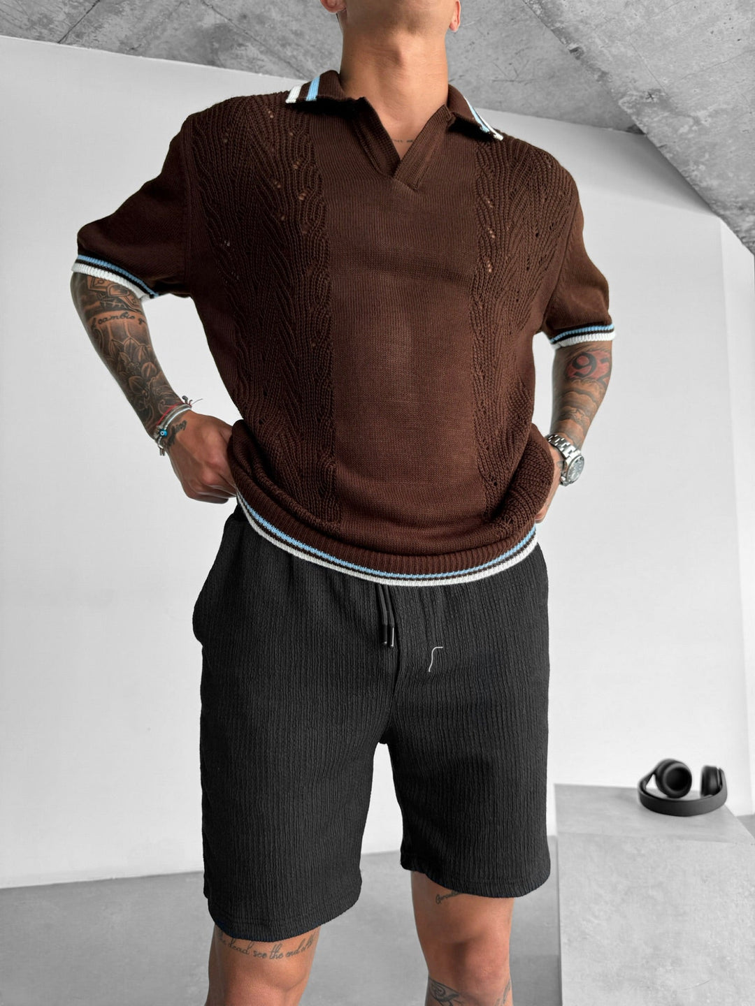 Slim Fit Detaljstickad Polo T-shirt - Brun