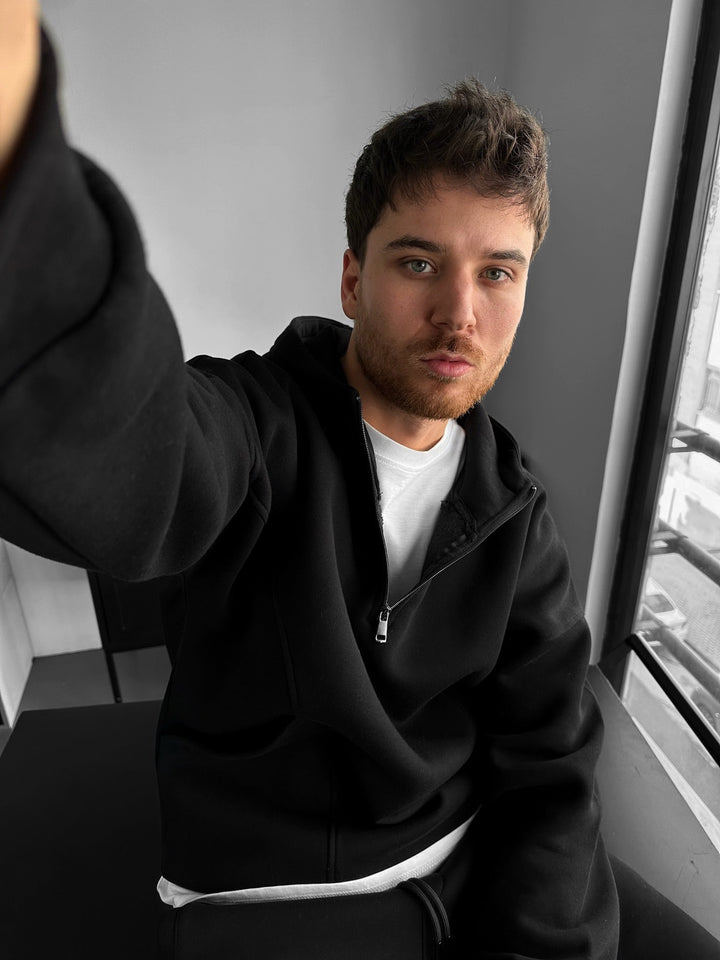 Lös Passform Halvdraget Grund Hoodie - Svart