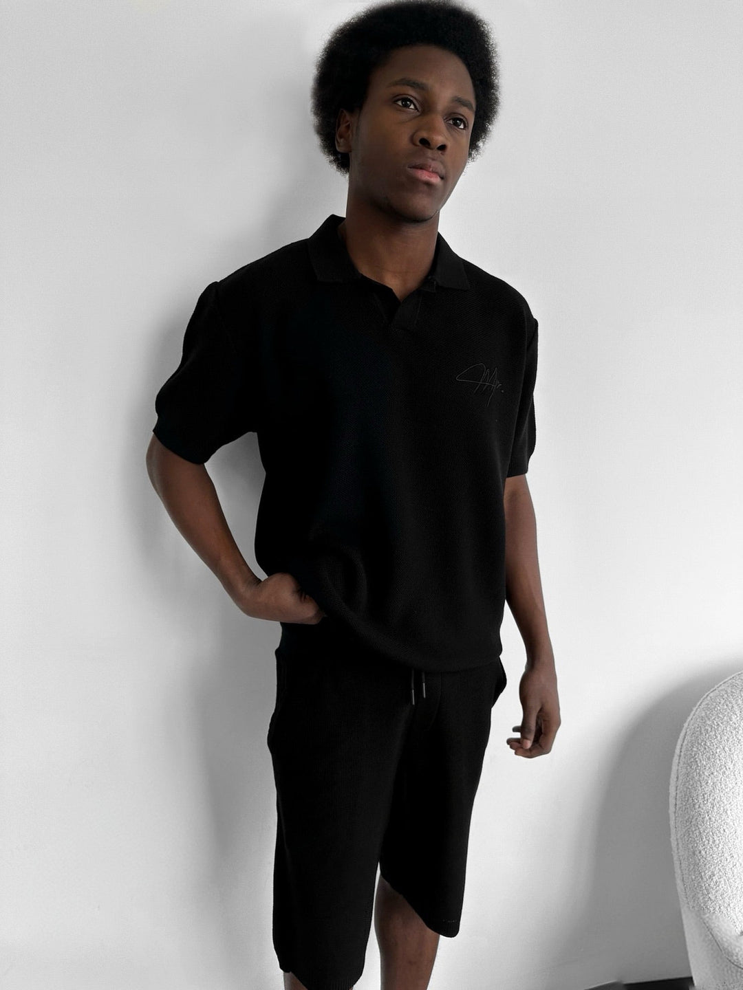 Oversize Initial Knit Polo T-Shirt - Svart