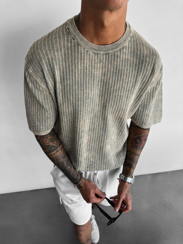 Oversize Stickad Tvättad T-shirt - Sten