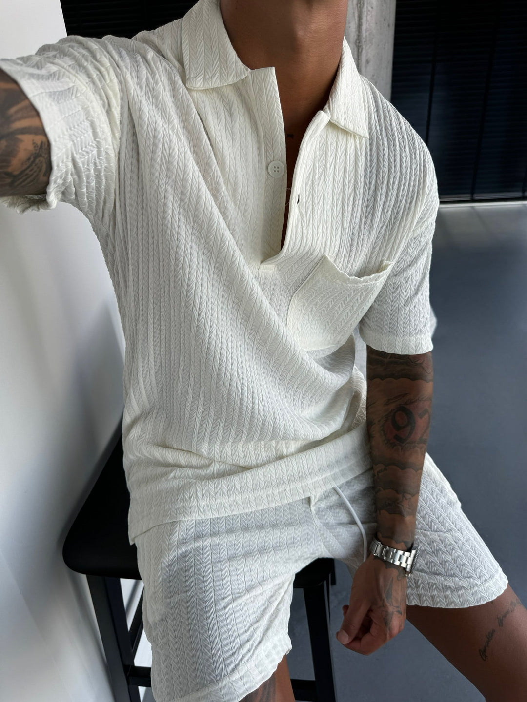 Oversize Strukturerad Polo T-Shirt - Ecru