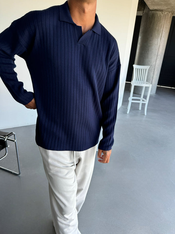 Oversized Vid Ribbad Långärmad Stickad Polo Sweatshirt - Marinblå