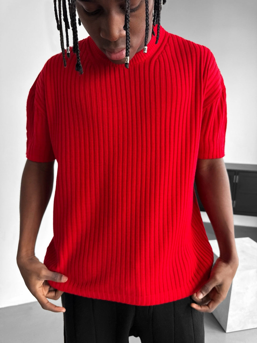 Lös Passform Ribbad T-Shirt - Röd