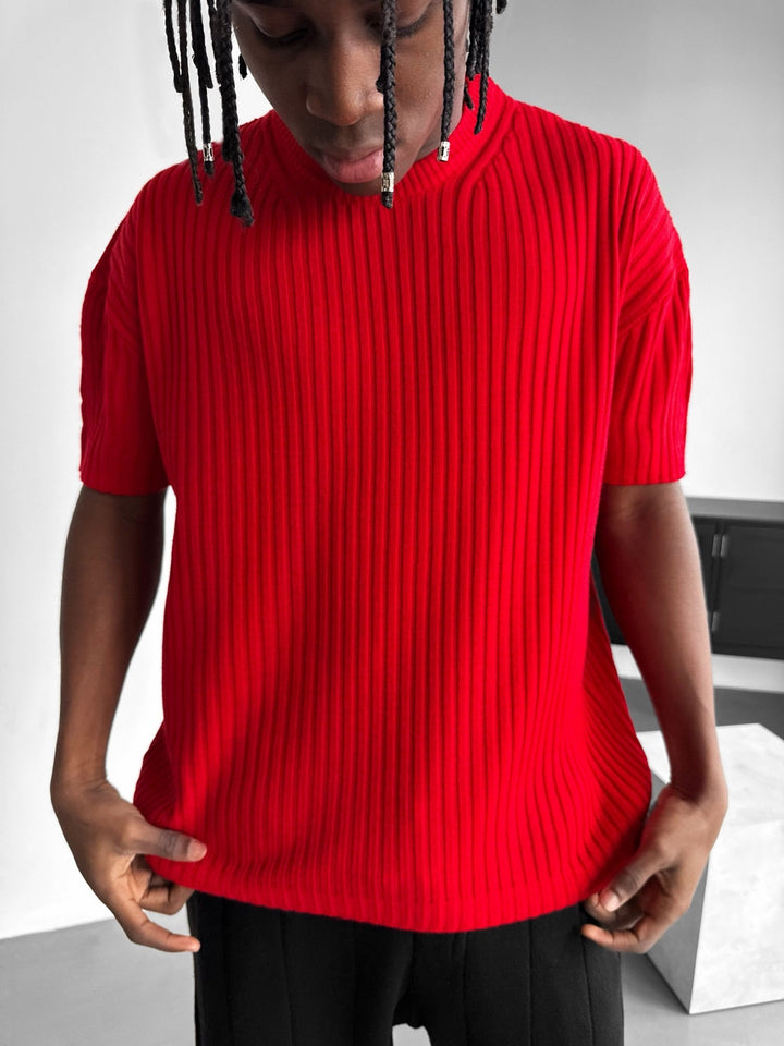 Lös Passform Ribbad T-Shirt - Röd