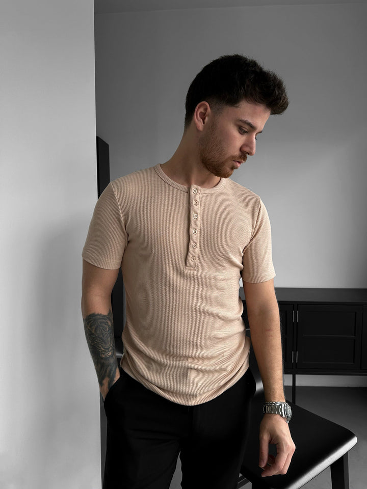 Slim Fit Button T-shirt - Grädde