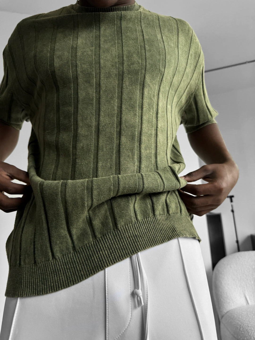 Slim Fit Tvättad Linjer Stickad T-Shirt - Khaki