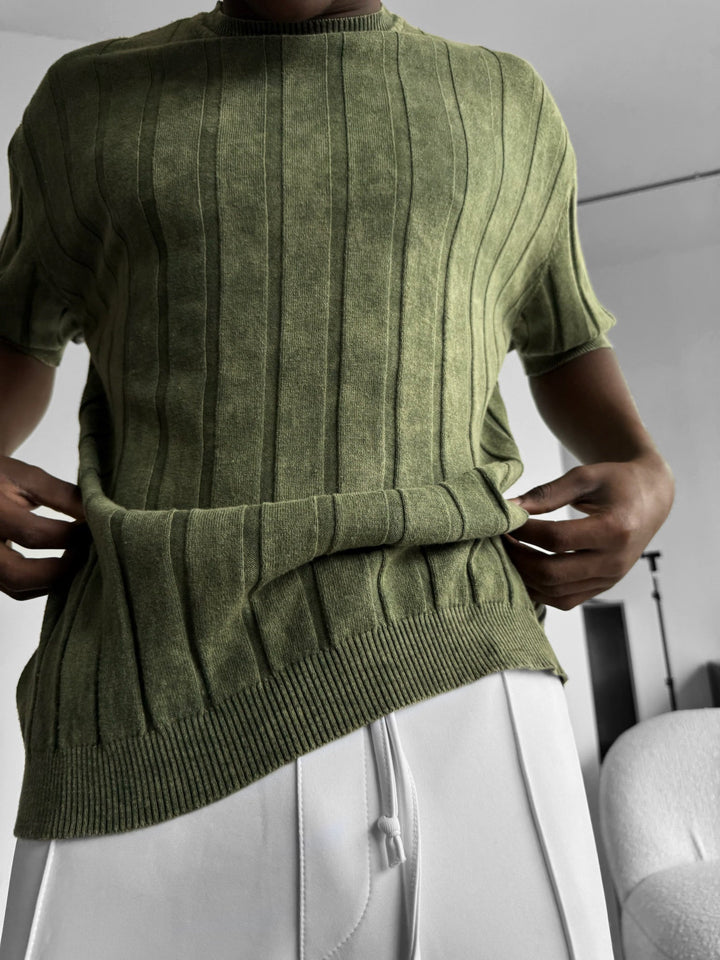 Slim Fit Tvättad Linjer Stickad T-Shirt - Khaki