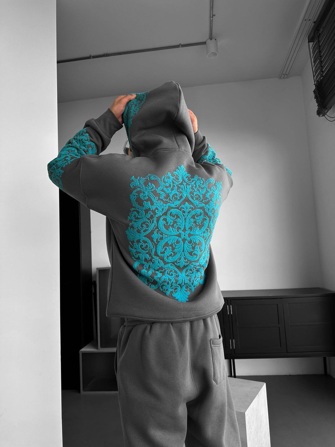 Oversize Matmönster Hoodie - Antracit