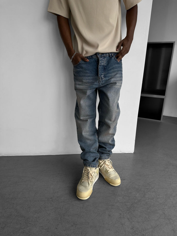 Baggy Fit Tvättade Jeans - Mörkblå