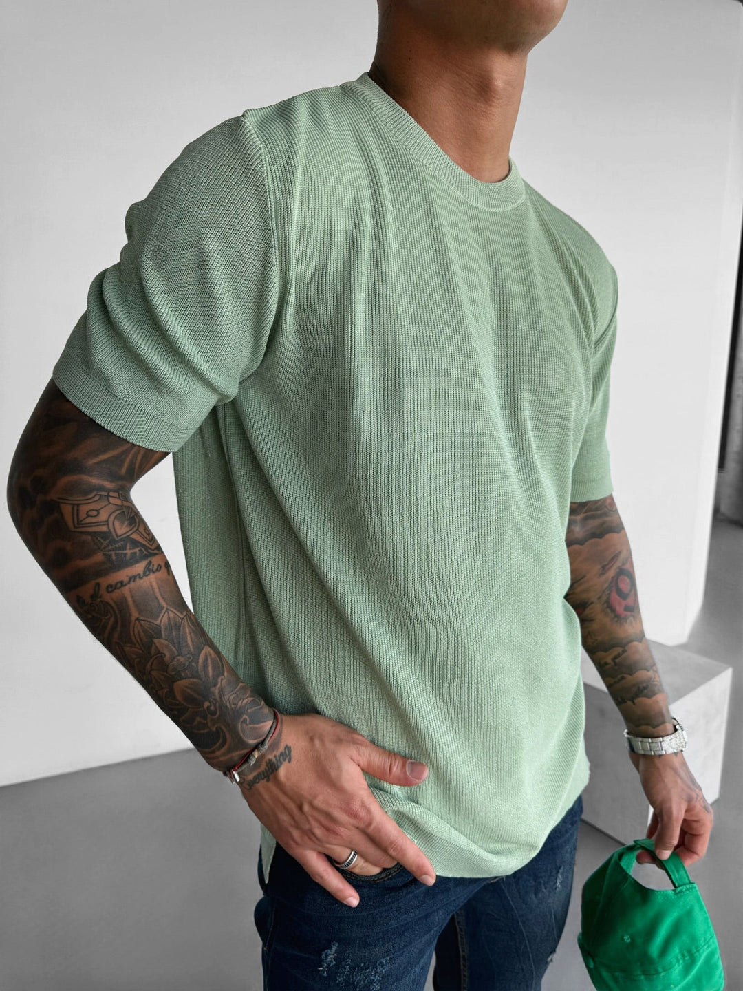 Oversize Stickad T-Shirt - Grön