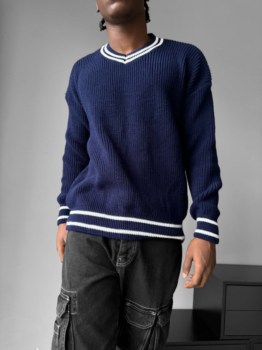 Oversize V-ringad Stickad Pullover - Mörkblå