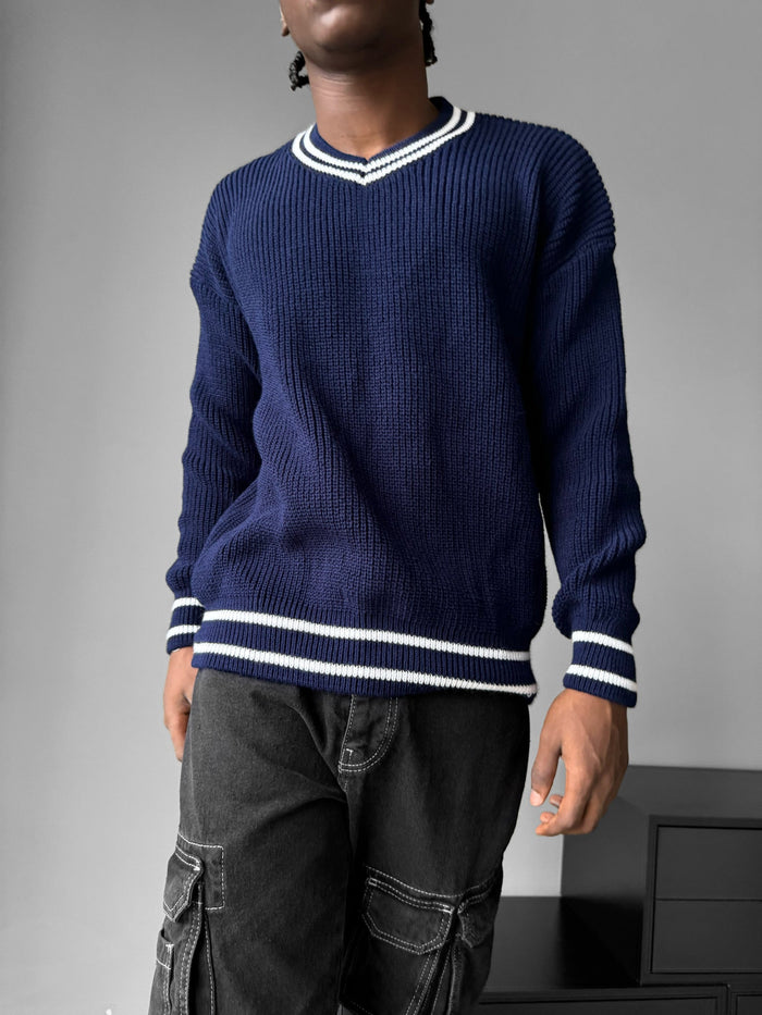 Oversize V-ringad Stickad Pullover - Mörkblå