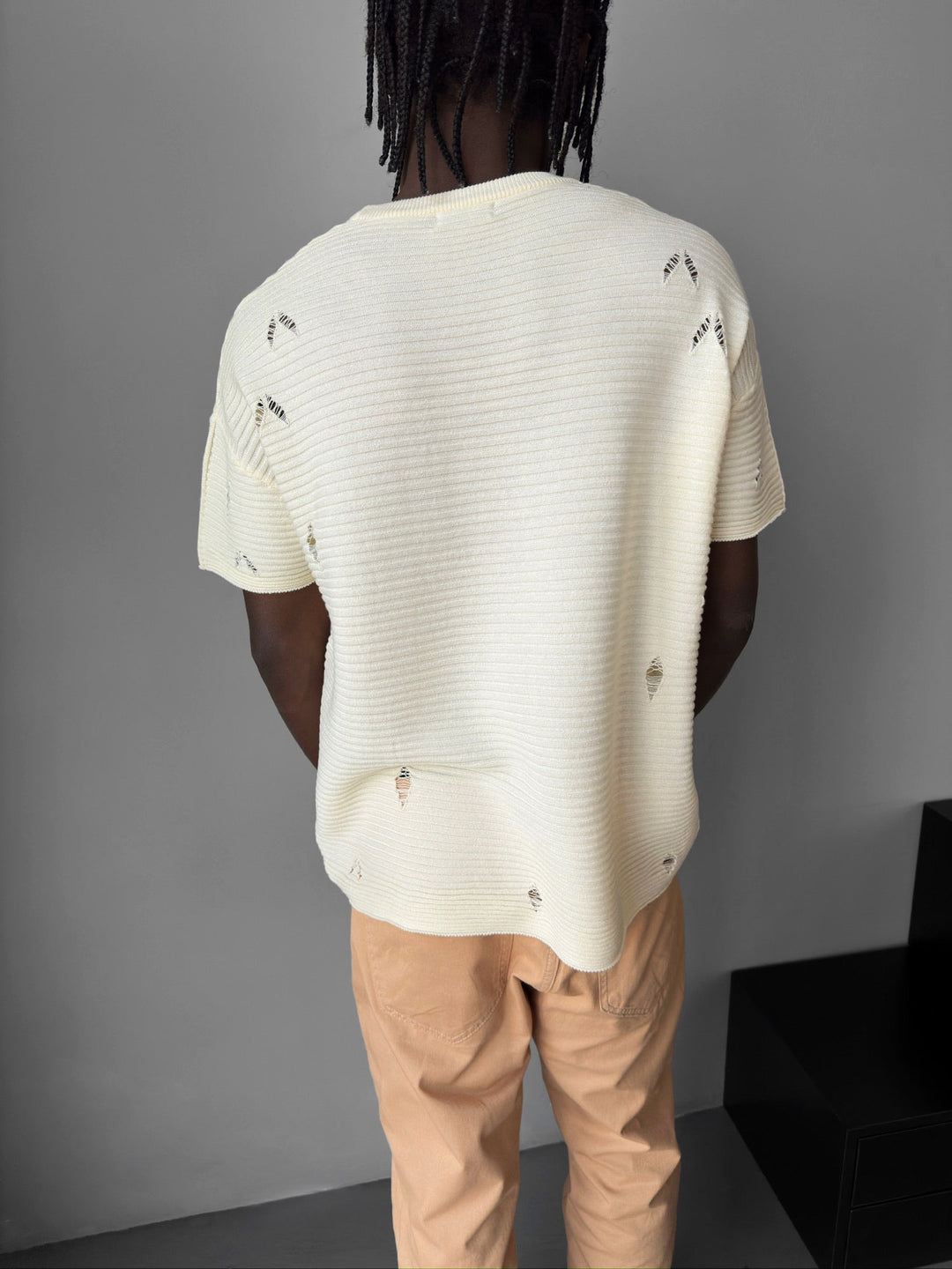Lös passform trasig ribbad T-shirt - Cremé