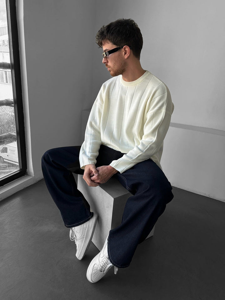 Oversize Lines Stickad Sweatshirt - Ecru