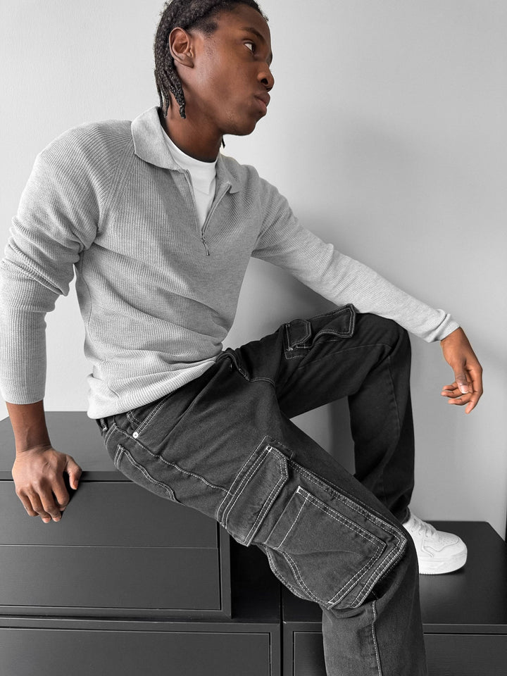 Slim Fit Stickad Zip Polo Tröja - Grå