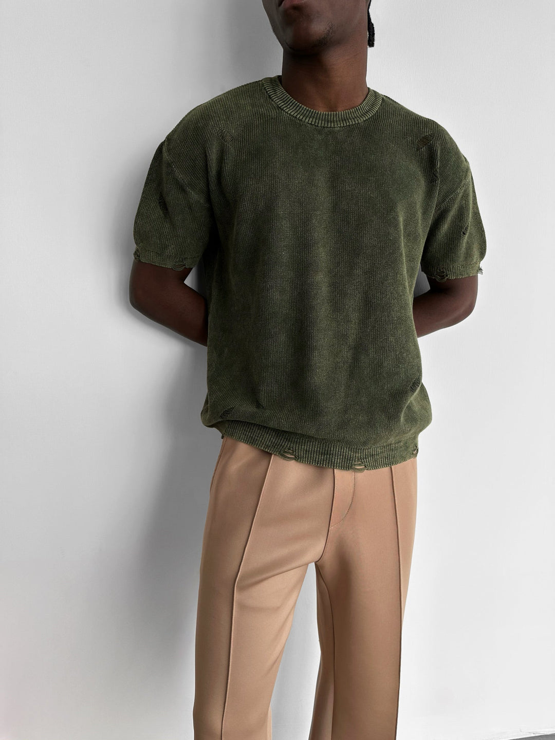 Oversize Stickad Torn T-shirt - Khaki