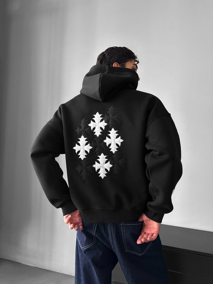Oversized Gotisk Kors Hoodie - Svart