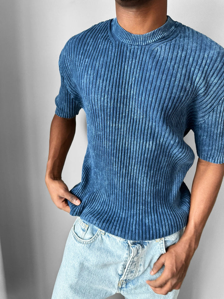 Slim Fit Tvättad Tunn Linjer Stickad T-Shirt - Blå