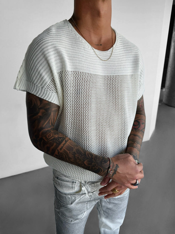 Oversize Texturerad Stickad T-shirt - Ecru