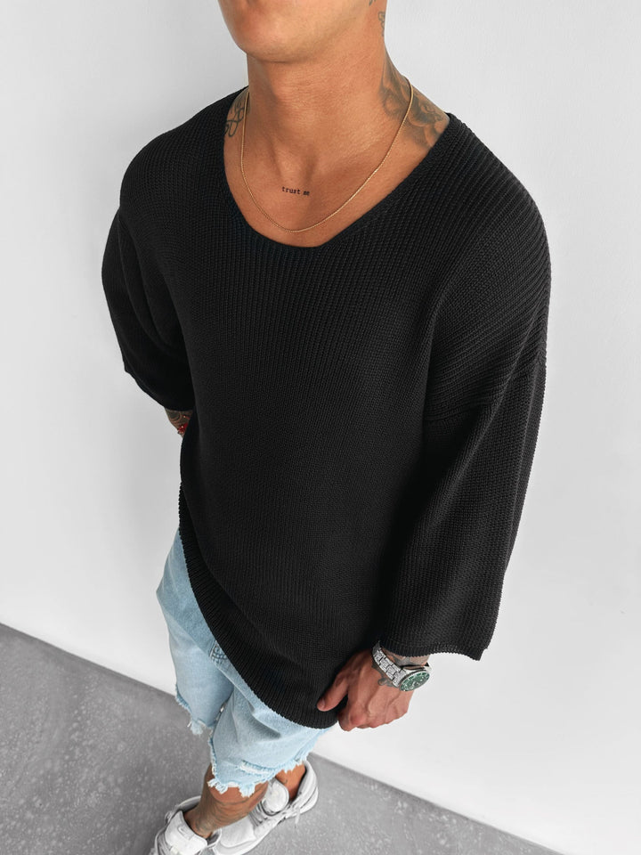 Överdimensionerad Lång Stickad T-Shirt - Svart