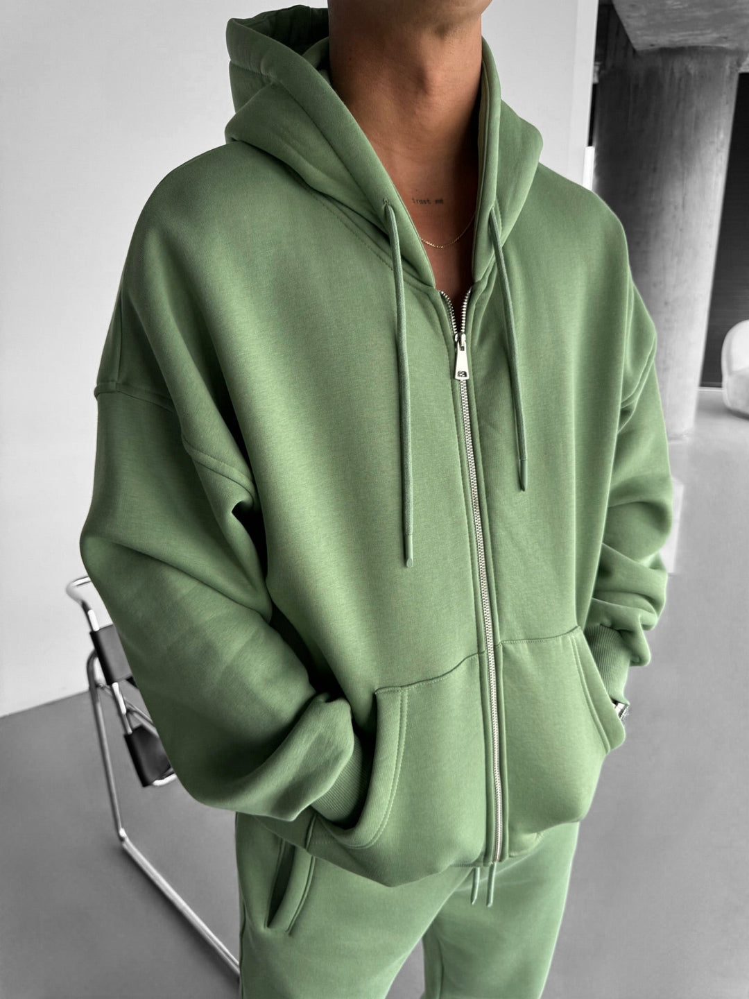 Oversize Basic Dragkedja Hoodie - Mossa