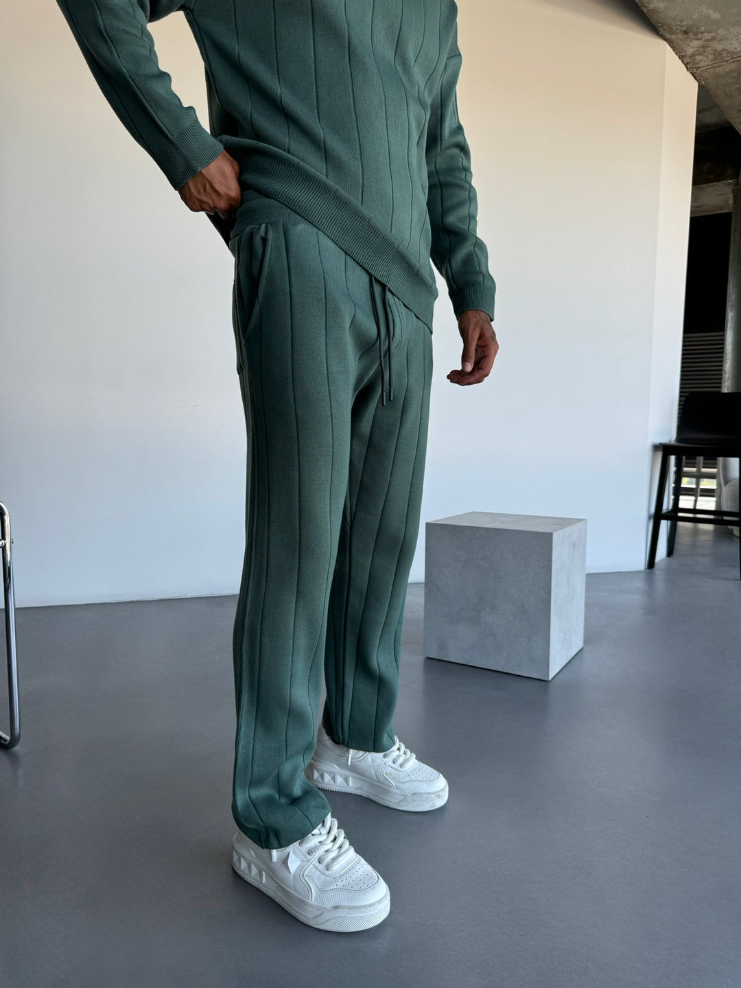 Loose Fit Lines Stickade Byxor - Petrol
