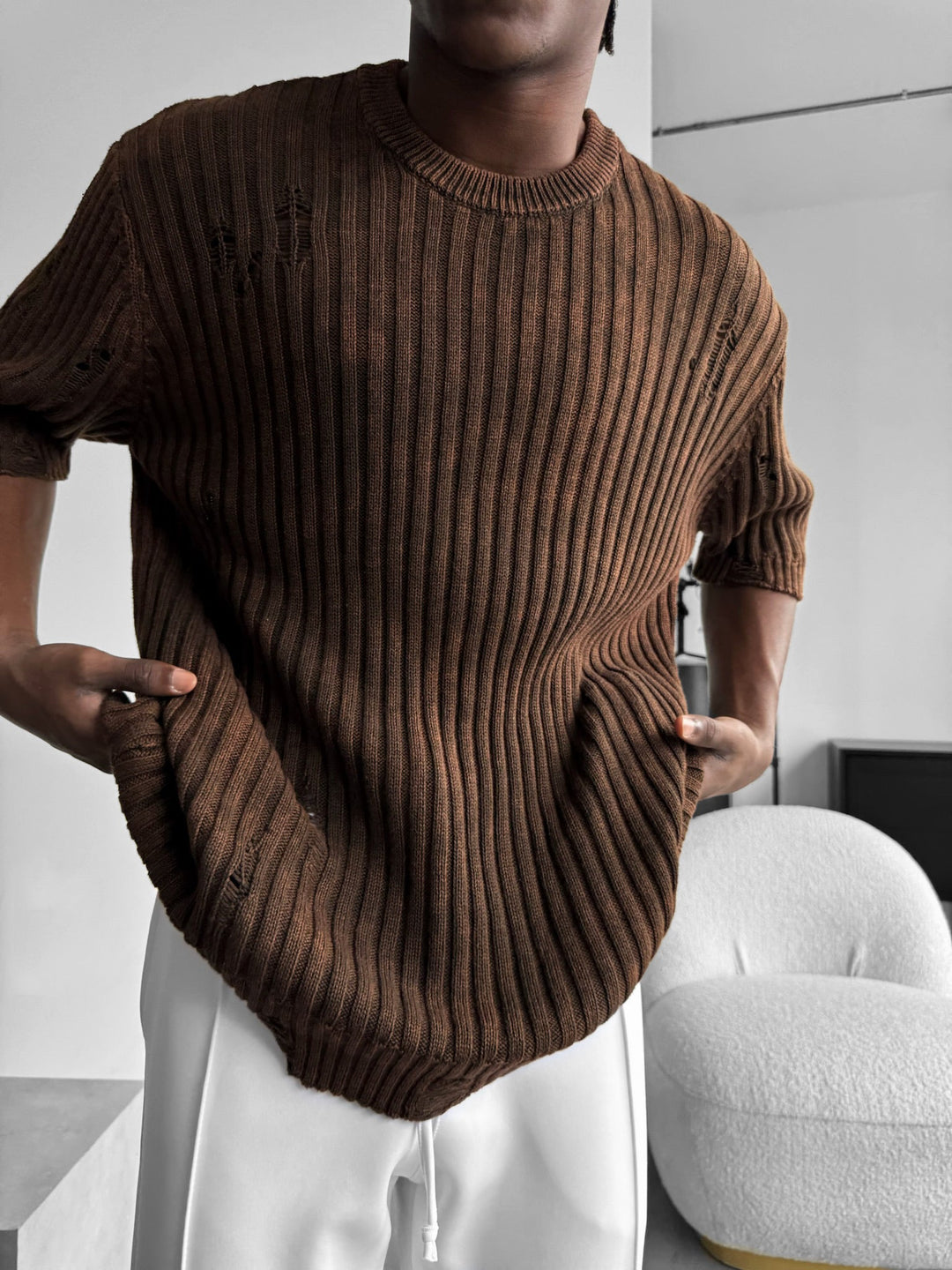 Slim Fit Tvättad Tunn Linjer Stickad T-Shirt - Brun