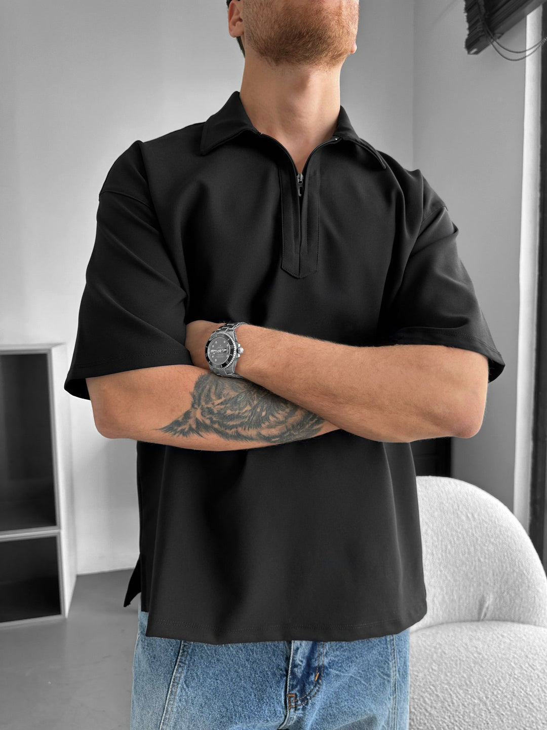 Lös Passform Halv-Zip Polo T-shirt - Svart