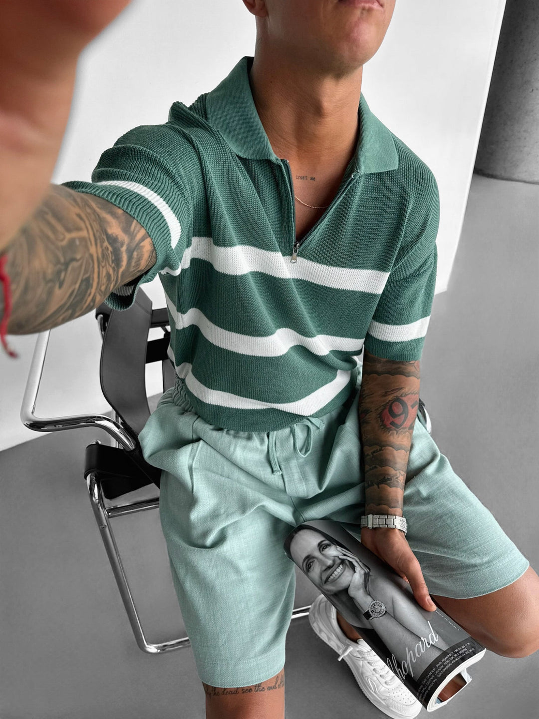 Regelbunden Stickad Dragkedja T-shirt - Petrol