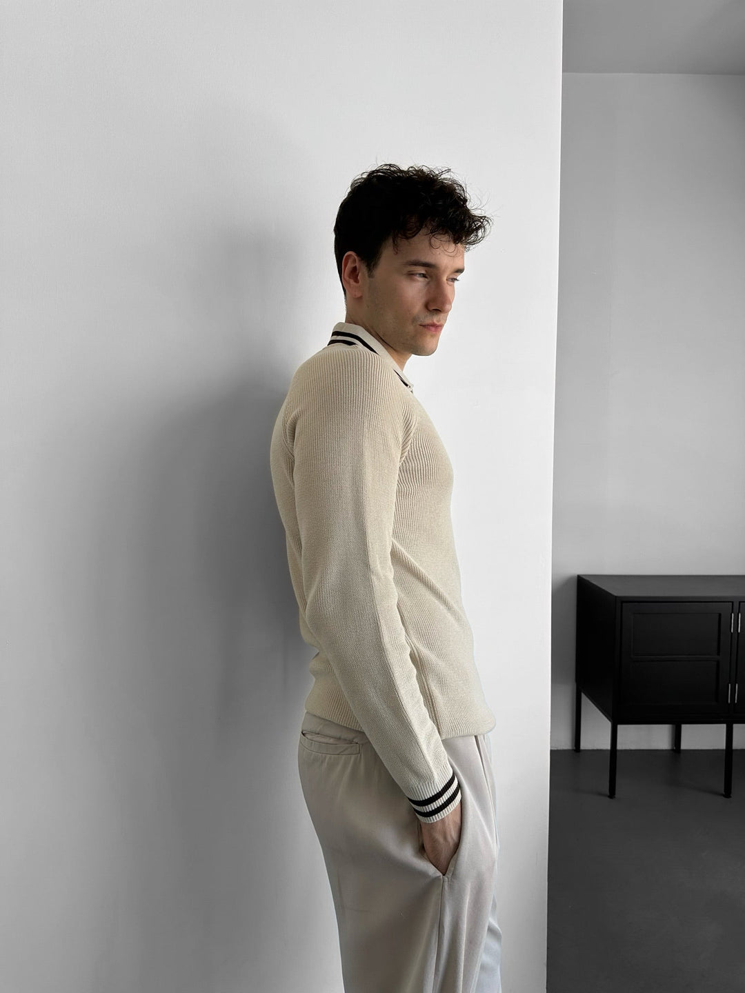 Slim Fit Halvdraget Broderat Polo Tröja - Beige