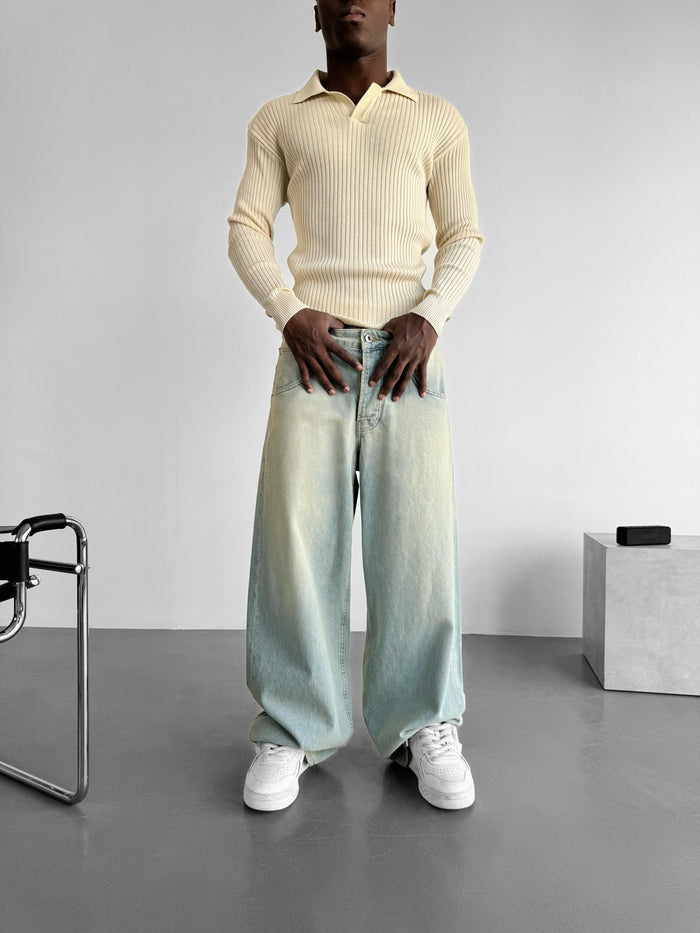 Slim Fit Stickad Polo Tröja - Beige