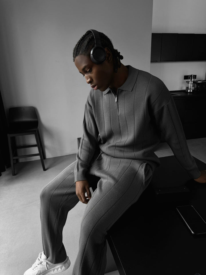 Oversize Lines Stickad Dragkedja Polo Sweatshirt - Antracit