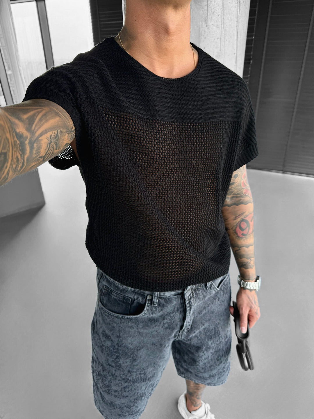 Överdimensionerad Texturerad Stickad T-shirt - Svart
