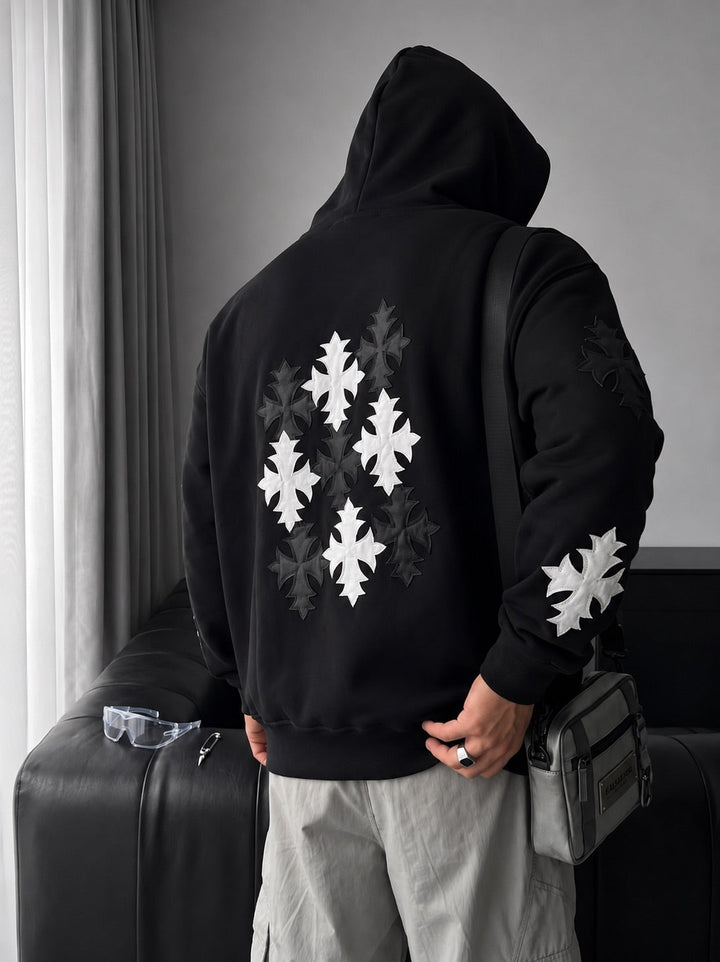 Oversized Gotisk Kors Hoodie - Svart