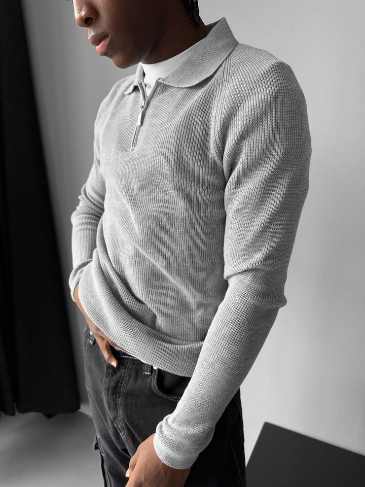 Slim Fit Stickad Zip Polo Tröja - Grå