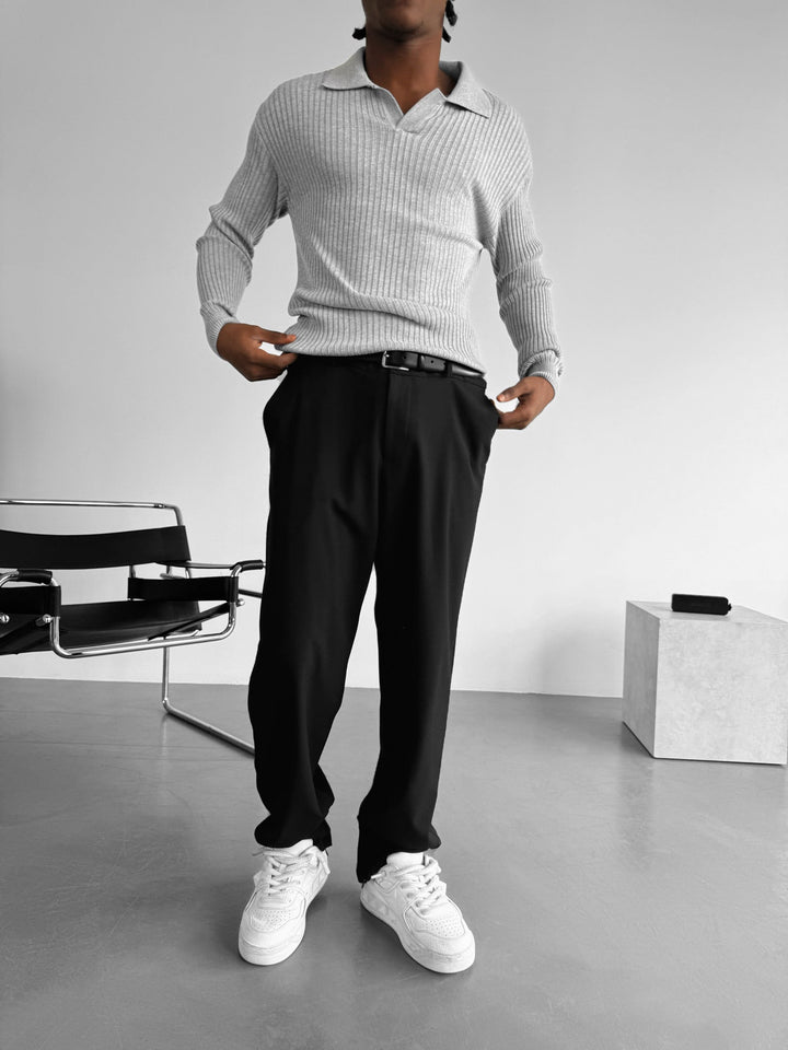 Slim Fit Stickad Polo Tröja - Grå