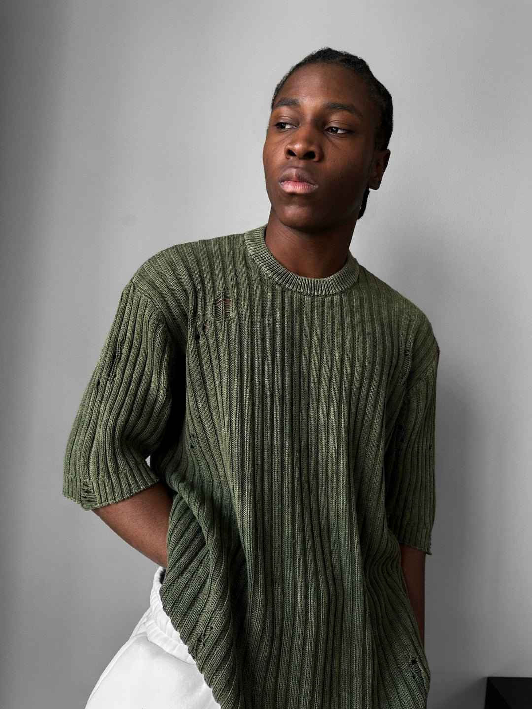 Oversize Torn Tvättad Stickad T-shirt - Khaki
