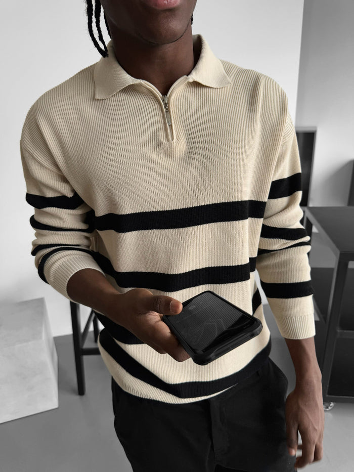 Oversize Stickad Crop Polo Tröja - Beige