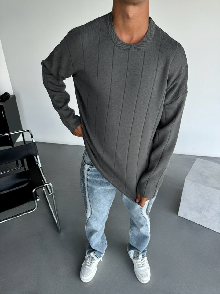 Oversize Lines Stickad Sweatshirt - Antracit
